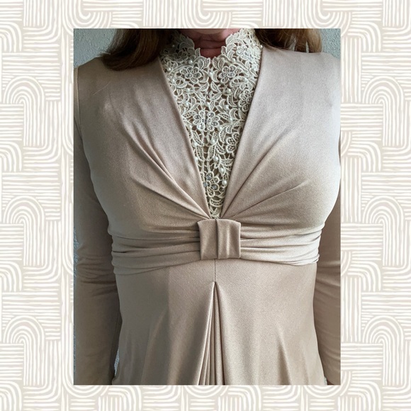 Vintage 70’s ILGWU Union Made Champagne Maxi Dress w/ Lace Pearls VTG 10 Sz 6 - Picture 9 of 11